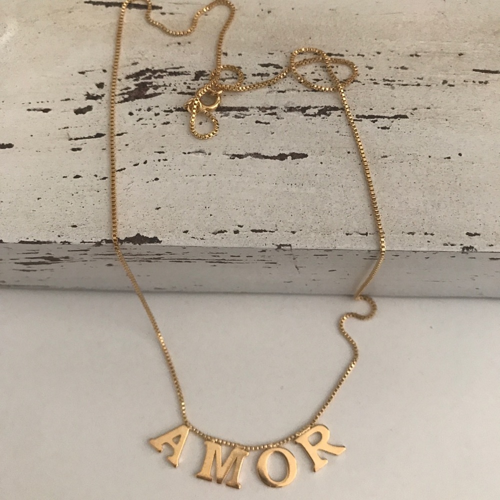 Script Words AMOR Charm Pendant 18k Plated Gold